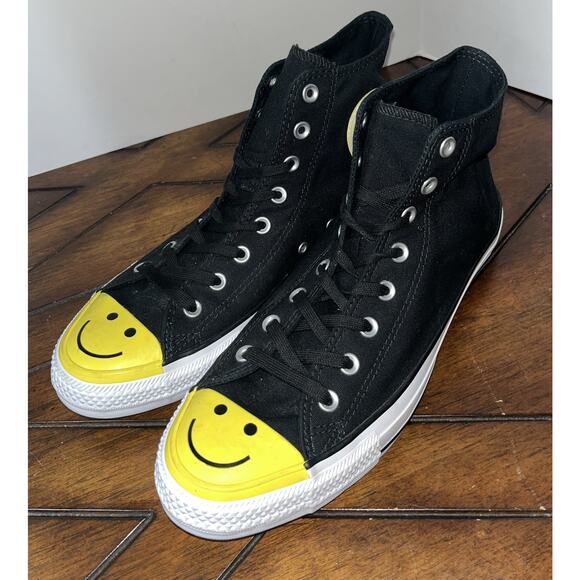 Converse All Star High Top Canvas‎ Happy Face Shoes Black Yellow Men’s 11 - Picture 1 of 9